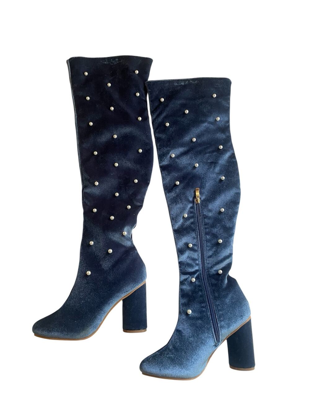 Yoki Heri Blue Velvet Pearl Over-the-Knee Boots